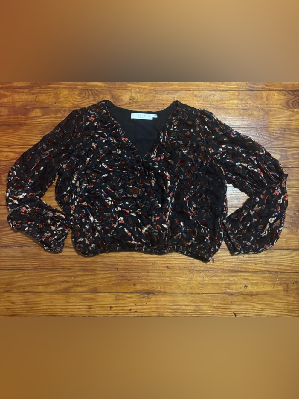 ASTR Black Floral Burnout Velvet Cropped Blouse